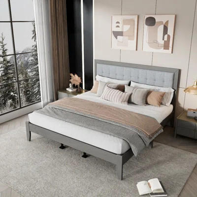 Solid Wood Queen Bed Frame with Upholstered Headboard & No Box Spring Needed | Wayfair North America