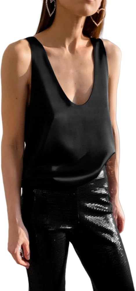 Women's Satin V Neck Camisole Tank Top Flowy Loose Fit Shirt | Amazon (US)