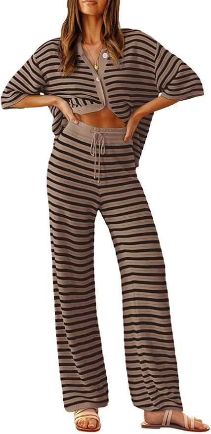 Tankaneo Womens Knit 2 Piece Lounge Sets Striped Short Sleeve Tops and Wide Leg Pants Travel Airp... | Amazon (US)