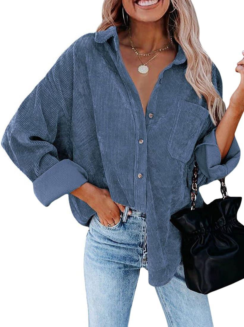 CCTOO Shacket Jacket Women Corduroy Shirt Oversized Long Sleeve Button Down Blouse Tops | Amazon (US)