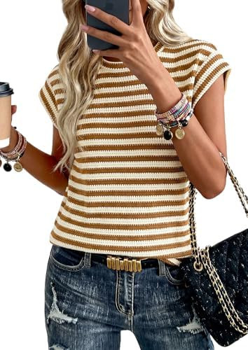 PRETTYGARDEN Women's 2026 Spring Vest Tops Cap Sleeve Striped Shirt Knit Tank Top Summer Beach Va... | Amazon (US)