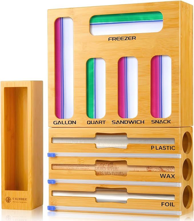 Amazon.com: Calmbee Plastic Wrap Dispenser with Cutter and Ziplock Bag organizer, 9 IN 1 Bamboo F... | Amazon (US)