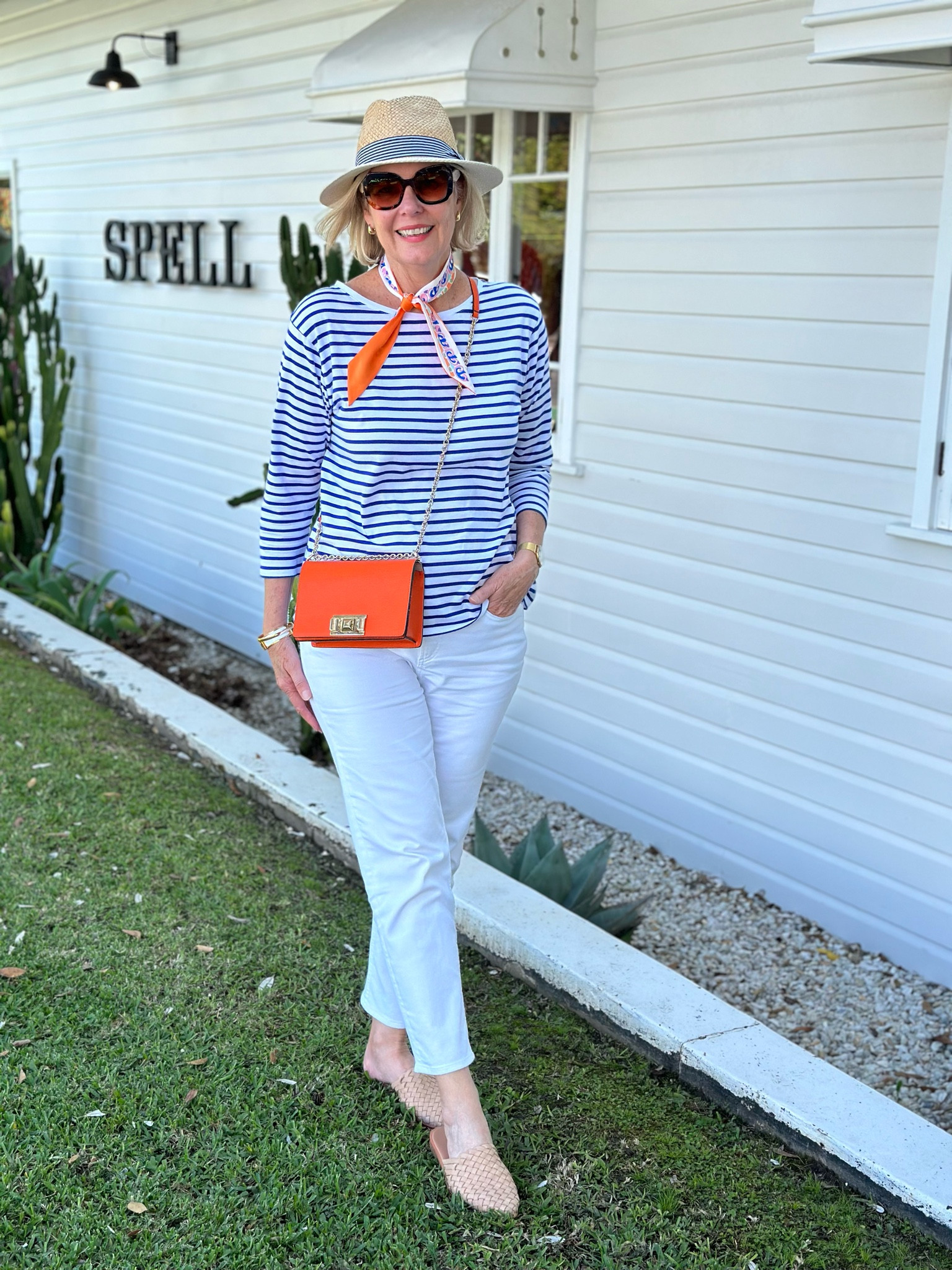 Loving the nautical look of blue and white stripes with white denim and a pop of orange. I’ve added a few different options from David Jones. 
Linda 175cms wears Size 12 in Tee and jeans. 
#over50fashion #agelessstyle #nauticallook 

#LTKstyletip #LTKaustralia #LTKover50style