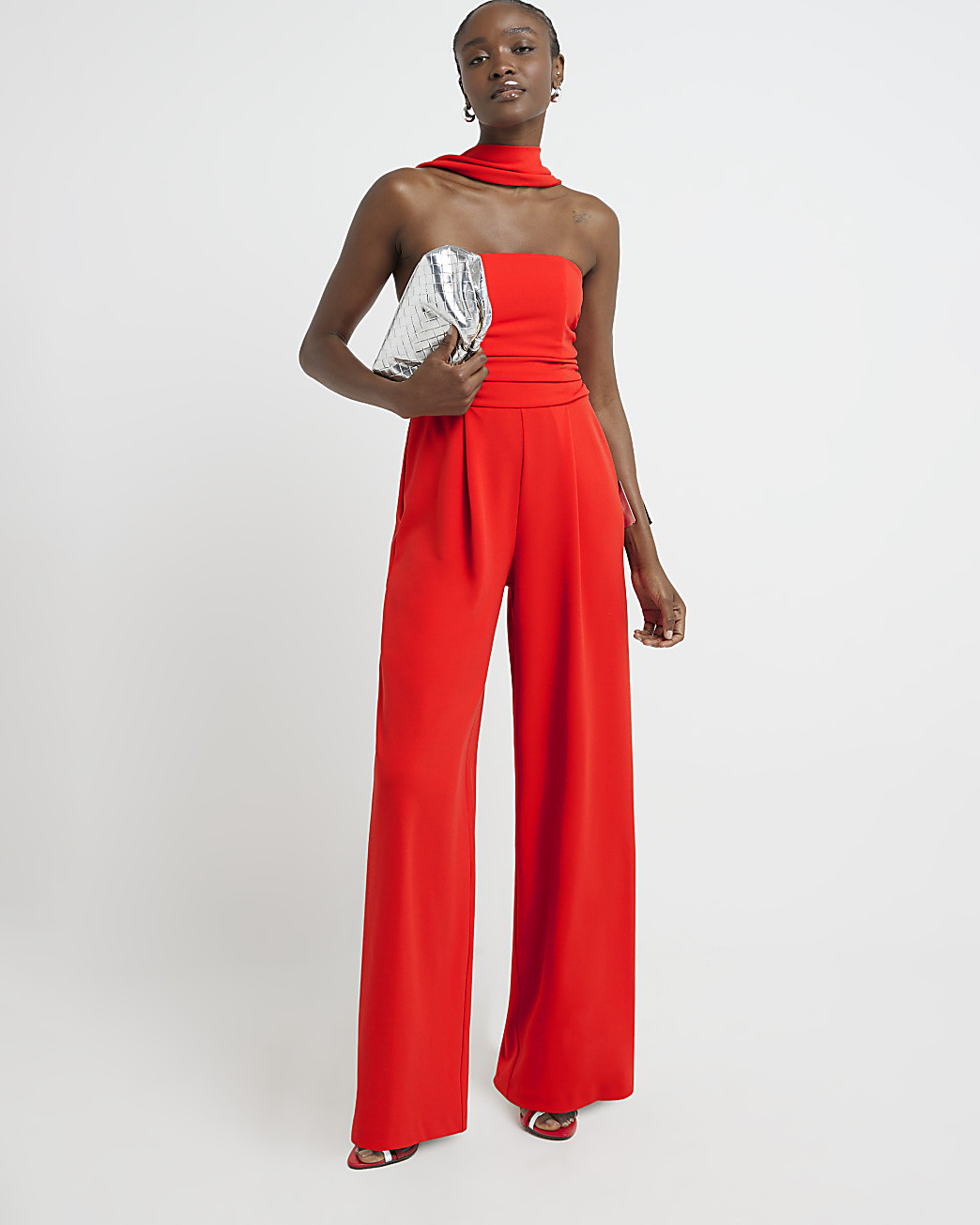 Red ruched top wide leg jumpsuit | River Island (UK & IE)