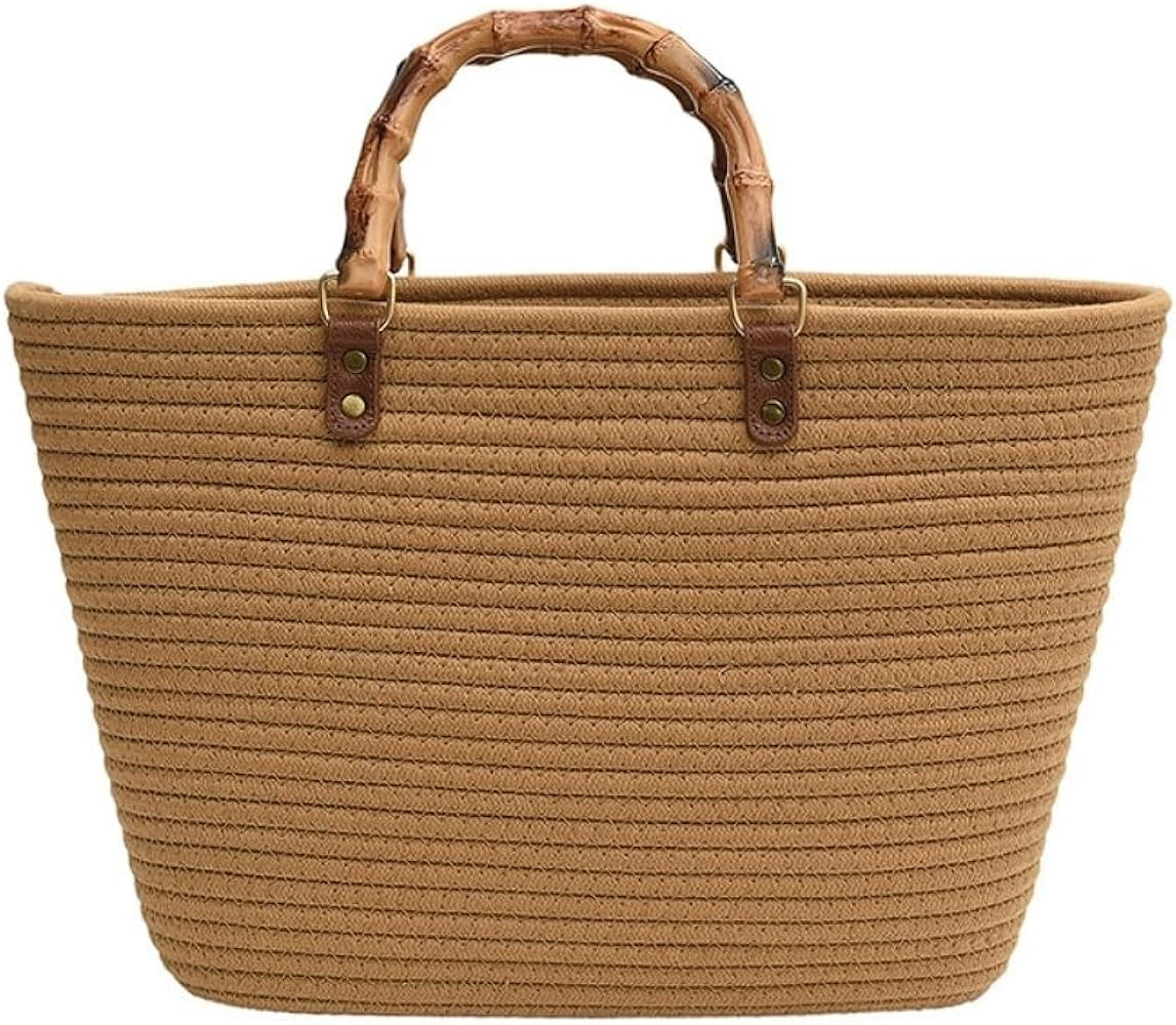 Women's Tote Bag with Bamboo-Inspired Resin Handles Large Straw Tote Bag Woven Handbag Shoulder B... | Amazon (US)