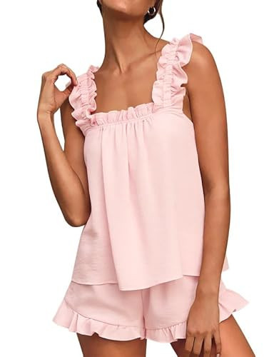 Marvmys Womens Pajamas Set 2 Piece Ruffle Pj Set Cute Pajamas Sexy Tank Top and Shorts Bridal Sleepwear Set Pink M | Amazon (US)