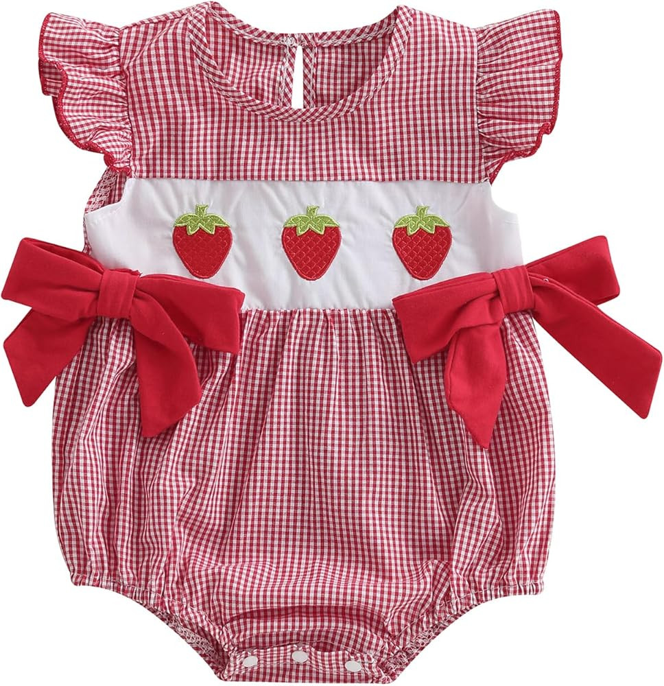 KMBANGI Baby Girl Strawberry Outfit Flutter Sleeve Strawberry Bow Smocked Romper Infant Baby Ging... | Amazon (US)