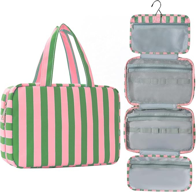 Toiletry Bag for Women Travel Water-resistant Cosmetic Bag Fashion Stripes Makeup Bag with Hangin... | Amazon (US)