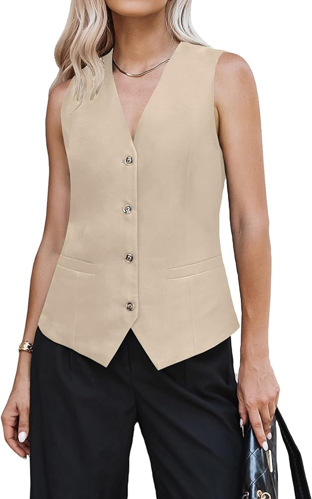 Hotouch Womens Casual Suit Vest Fully Lined 4 Button V-Neck Regular Fitted Dress Vests Waistcoat ... | Amazon (US)