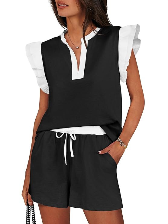 Tankaneo Womens 2 Piece Lounge Sets Summer Outfits V Neck Ruffle Cap Sleeve Tops and Shorts Vacat... | Amazon (US)