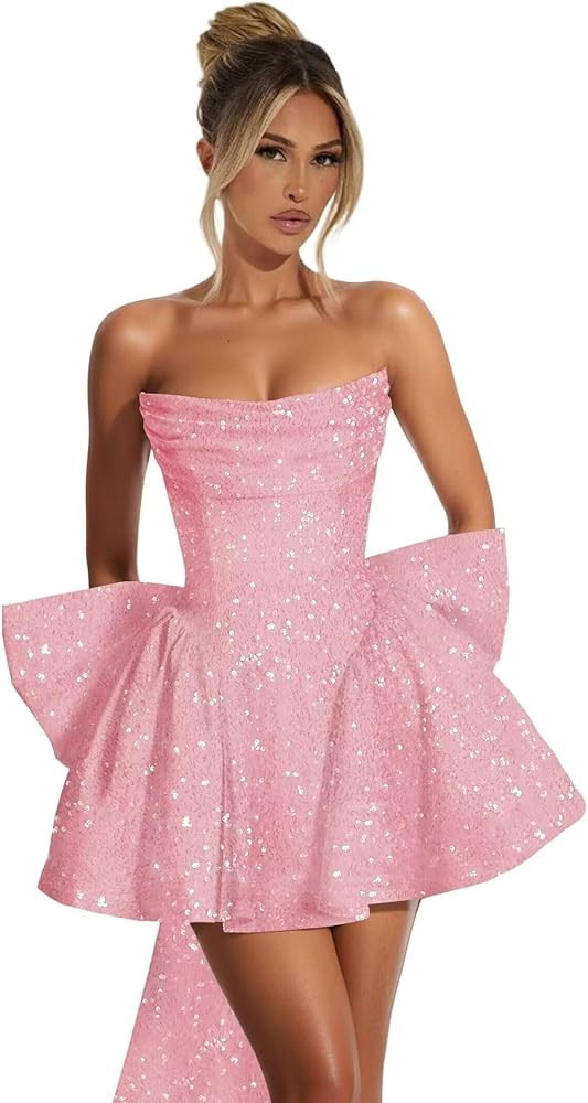Strapless Sequin Homecoming Dresses with Bow Sparkly Short Prom Dresses A Line Cocktail Party Gow... | Amazon (US)