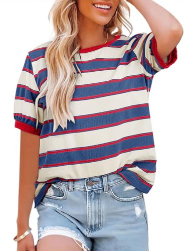 Dokotoo Womens Summer Tops 2025 Striped Color Block Short Sleeve T-Shirts Crewneck Casual Loose B... | Amazon (US)