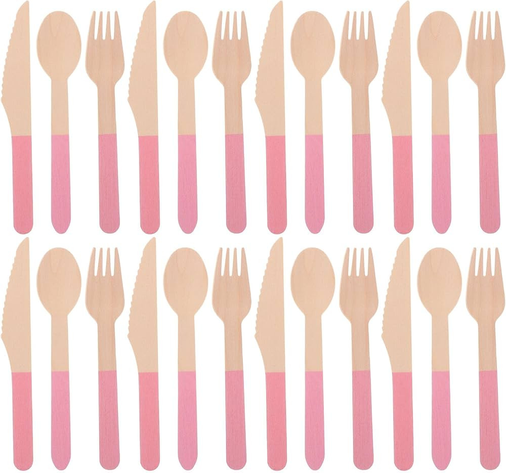 PRETYZOOM 24pcs Pink Woooden Cutlery 8 Set Disposable Flatware Wooden Fork Spoon Knife Kitchen Un... | Amazon (US)