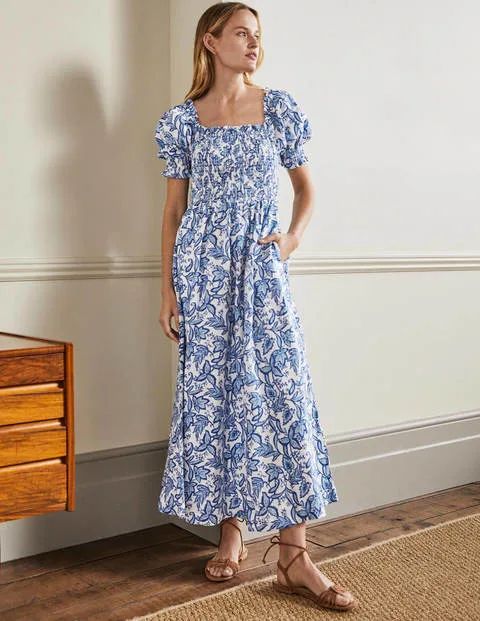 Smocked Bodice Midi Dress | Blue and White Dress, White and Blue Dress, Blue Summer Dress | Boden (US)