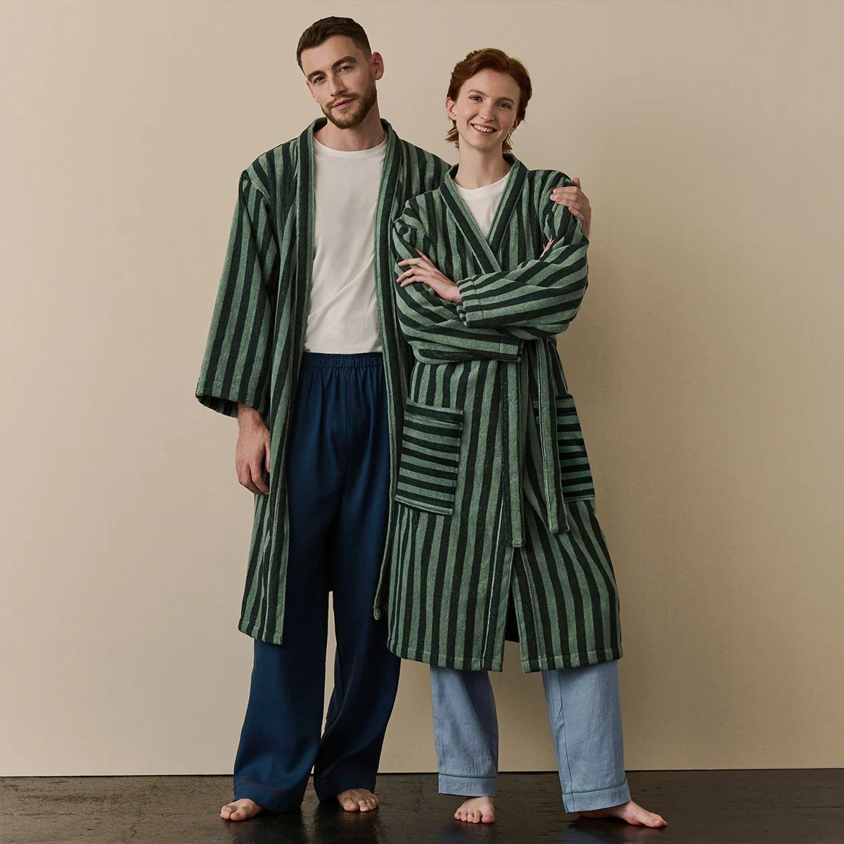 Pine Green Pembroke Stripe Cotton Robe | Piglet