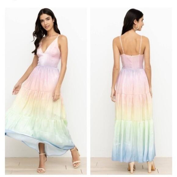 YUMI KIM Sullivan Tiered Maxi Dress Rainbow Ombr\u00e9 Dreamy Shiny Satin Sz XS | Poshmark