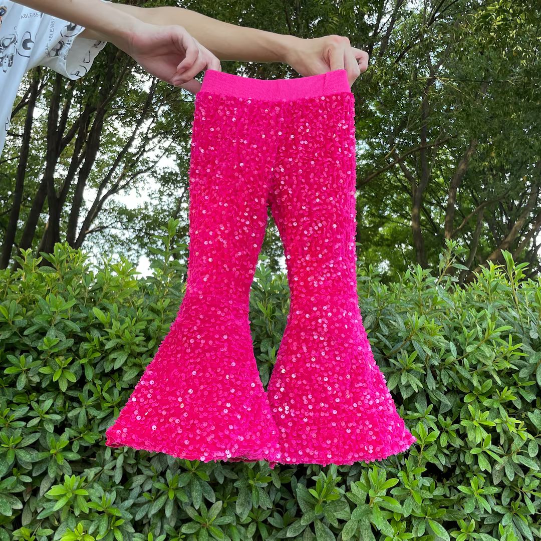 birthday party wear,hot pink sequin bell bottom pants,toddler bell bottom,toddle girls glitter pa... | Etsy (US)