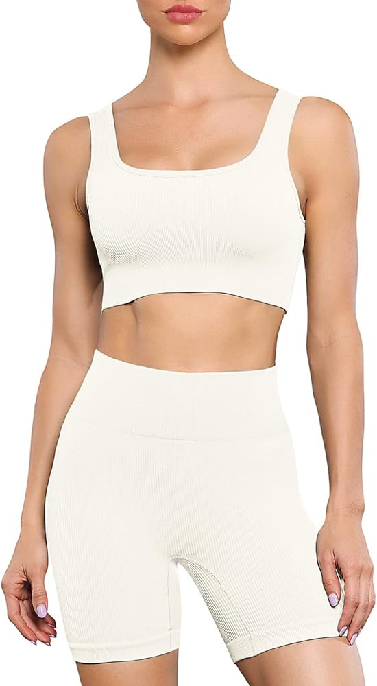 Workout Sets for Women Seamless 2 Piece Ribbed Biker Shorts Set with Sports Bra Gym Outfits | Amazon (CA)