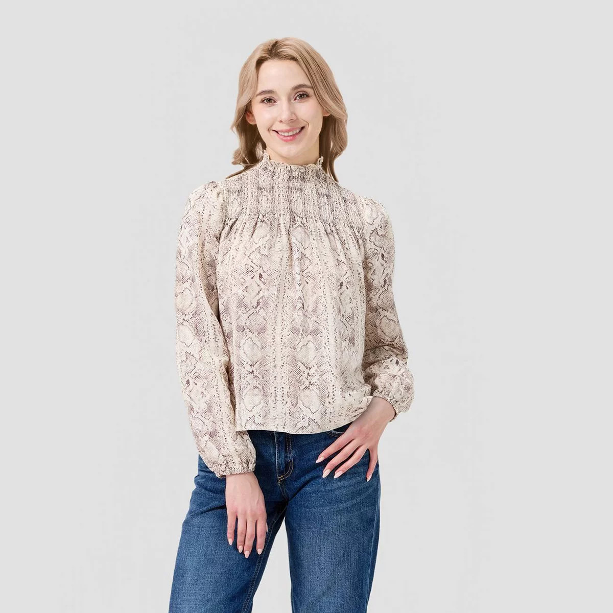 Women's Balloon Long Sleeve Mock Turtleneck Smocked Blouse - A New Day™ Ivory Snakeskin XXL | Target