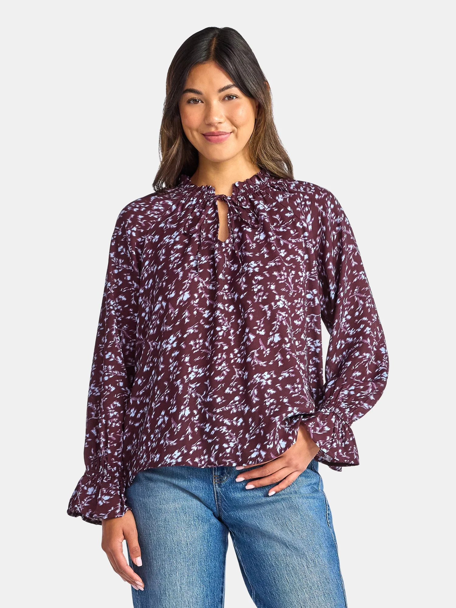 Time and Tru Women's Ruffle Neck Blouse with Long Sleeves, Size XS – XXXL | Walmart (US)