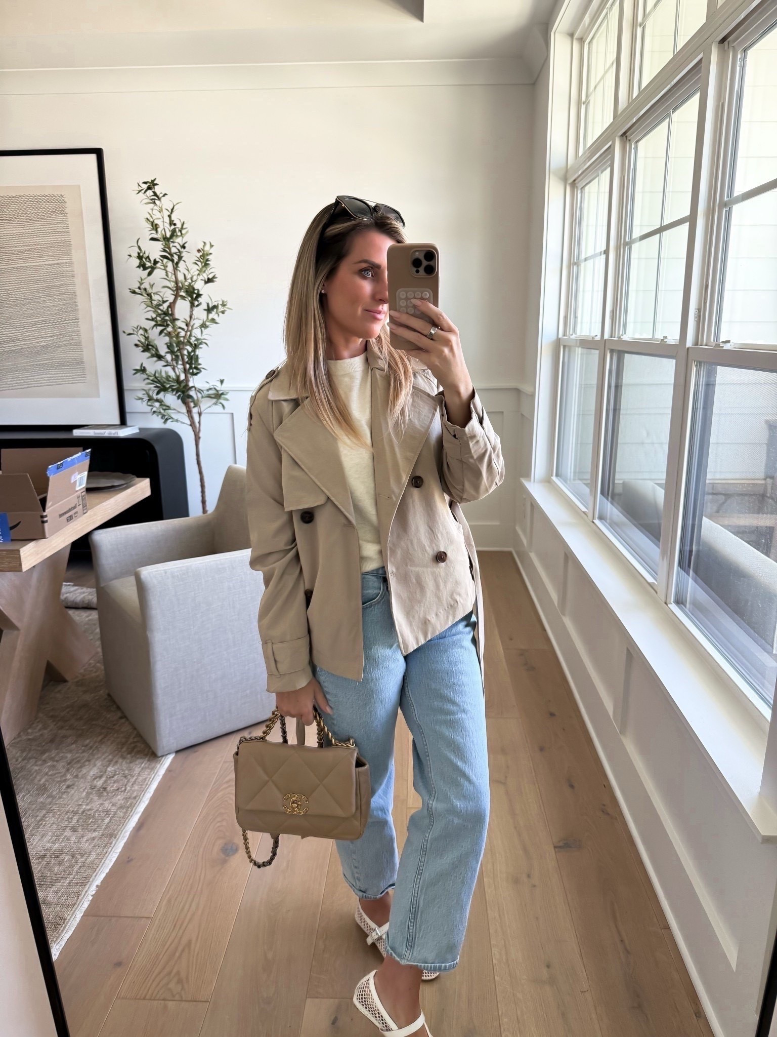 Casual outfit, cropped trench coat, sweater top, mesh ballet flats, vintage straight denim, Abercrombie denim, fall outfit; ootd, neutral outfit 

M

#LTKgrwm #LTKootd