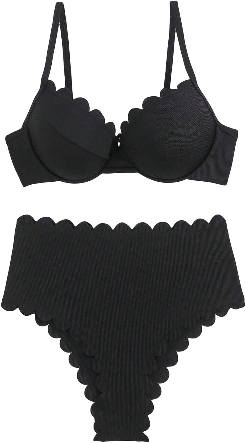 BEAUDRM Women's 2 Piece Solid Scallop Trim Bikini Set Push Up Triangle Set High Waist Bikini Swim... | Amazon (US)