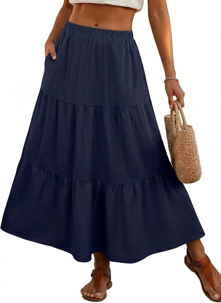 PrinStory Maxi Skirt for Women Summer Boho Skirts Lightweight Flowy Tiered Long Beach Dress Navy ... | Amazon (CA)
