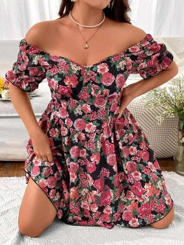 HomeWomen Plus ClothingPlus Size DressesPlus Floral Print Off Shoulder Flounce Sleeve Dress | SHEIN