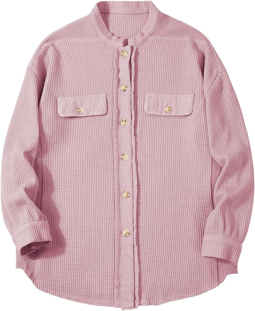 chouyatou Women's Loose Fit Batwing Sleeve Waffle Knit Button Down Shirt Shacket Tops | Amazon (CA)