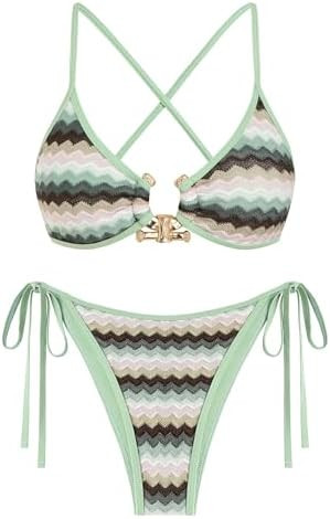 ZAFUL Women's Sexy Cutout Bikini Set High Cut Textured Metal Ring Cheeky Swimsuit Two Piece Bathi... | Amazon (US)