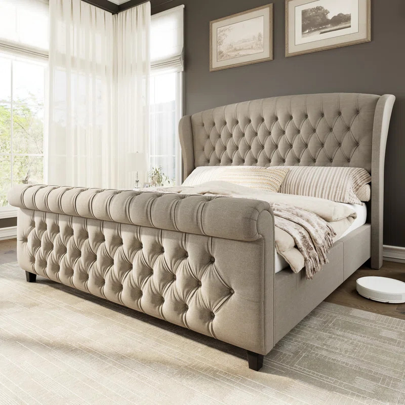 Dulane Chenille / Velvet Upholstered Sleigh Queen Bed With Scroll Wingback Headboard, Khaki | Wayfair North America