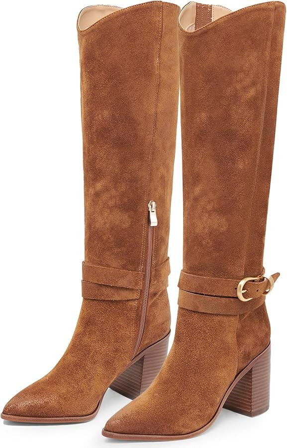 WIRALOMI Knee High Boots for Women Pointed Toe Chunky Heel Boots Metal Buckle Boots with Side Zip... | Amazon (US)