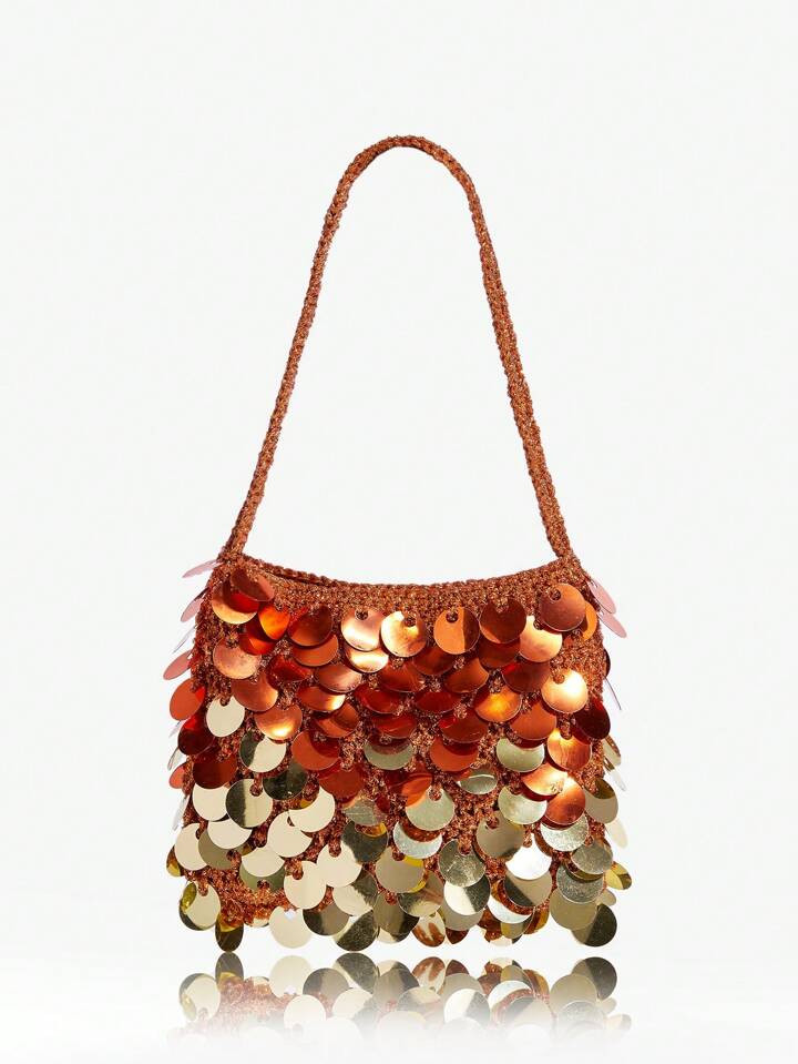 MISSGUIDED Ladies, Women Shoulder Bag,Hobo Bag, Crochet Bag, Fashionable, Elegant , Simple, Personality, Versatile, Gold And Orange, Large Sequins, Two-Tone,For Beach,Vacation,Holiday,Summer, Seaside,Party,Party,Prom,Club,Date,Birthday,Evening,Date Nigh,Ball,Afternoon Tea | SHEIN