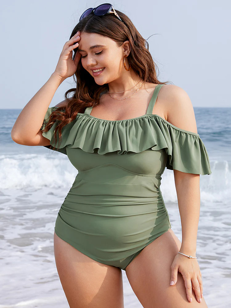 Ruffles Trim Sculpt Waist Cold Shoulder One Piece Swimsuit | Bloomchic
