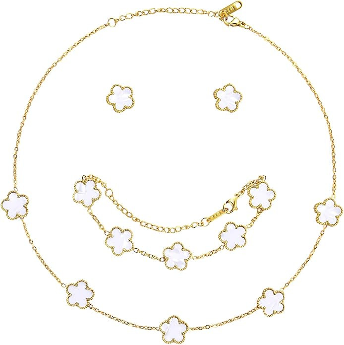 AmorArtSky Lucky Clover Jewelry Set - 18K Gold Plated Flower Design Five Leaf Bracelet, Necklace ... | Amazon (US)
