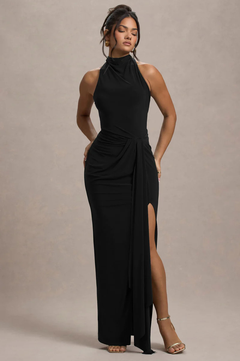 Khari  Black High-Neck Twisted Maxi Dress With Drape | Club L London