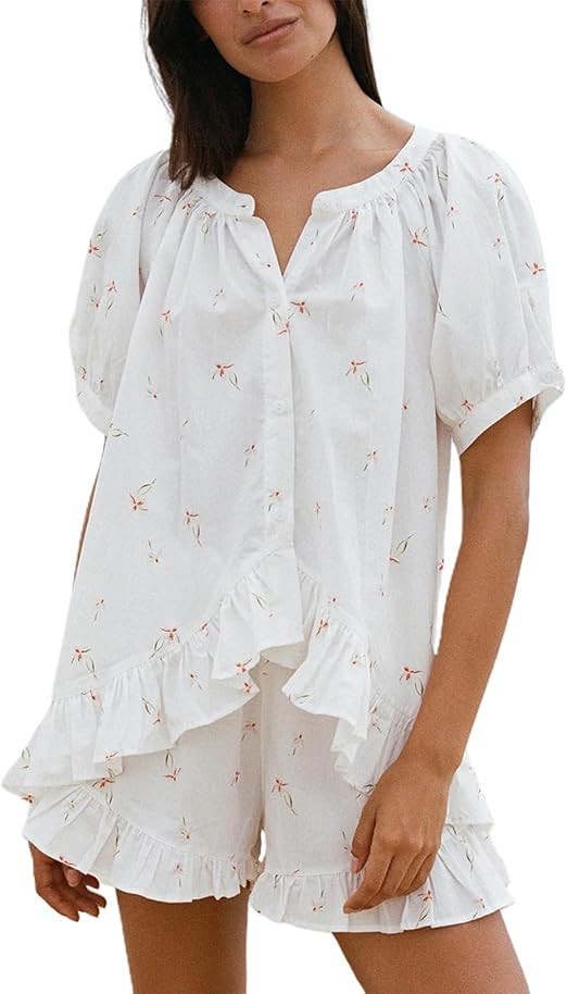 Ruffles Pajama Sets Women Sleepwear Fashion Summer Short Sets Short Sleeve Button Down Top Matchi... | Amazon (US)