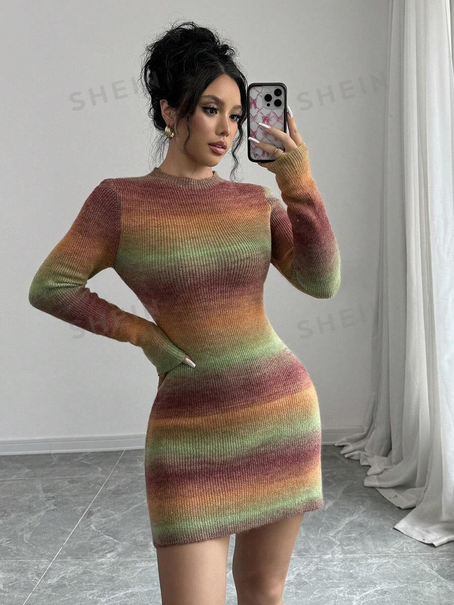 SHEIN Raffinéa Women's Crew Neck Long Sleeve Fitted A-Line Knitted Sweater Dress, Fall/Winter | SHEIN