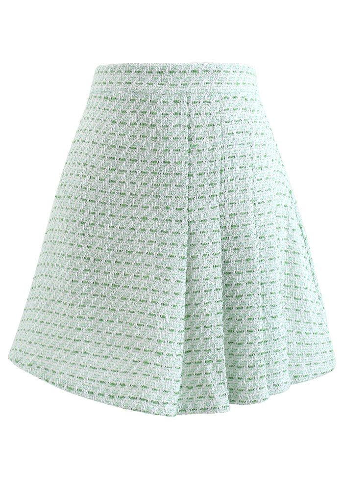 Green Front Pleated Hem Tweed Mini Skirt | Chicwish