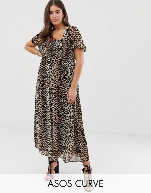 ASOS DESIGN Curve shirred bustier maxi dress with puff sleeve in animal print | ASOS US