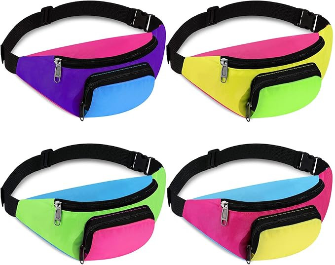 4 Pieces Retro 80s 90s Fanny Pack Retro Belt Bag 2 Pockets Neon Fanny Pack Small Waist Packs for ... | Amazon (US)