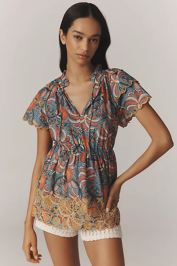 x Anthropologie Printed Richelieu High-Neck Short-Sleeve Ruffle Blouse | Anthropologie (US)