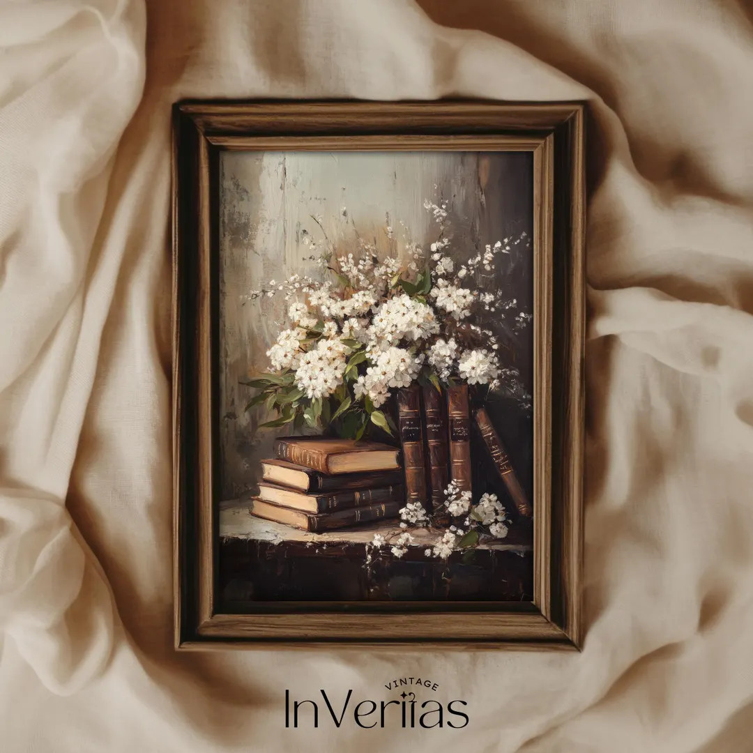 Moody Books and Flowers Vintage Style Painting | Elegant Dark Academia Decor | PRINTABLE | No. 70... | Etsy (US)