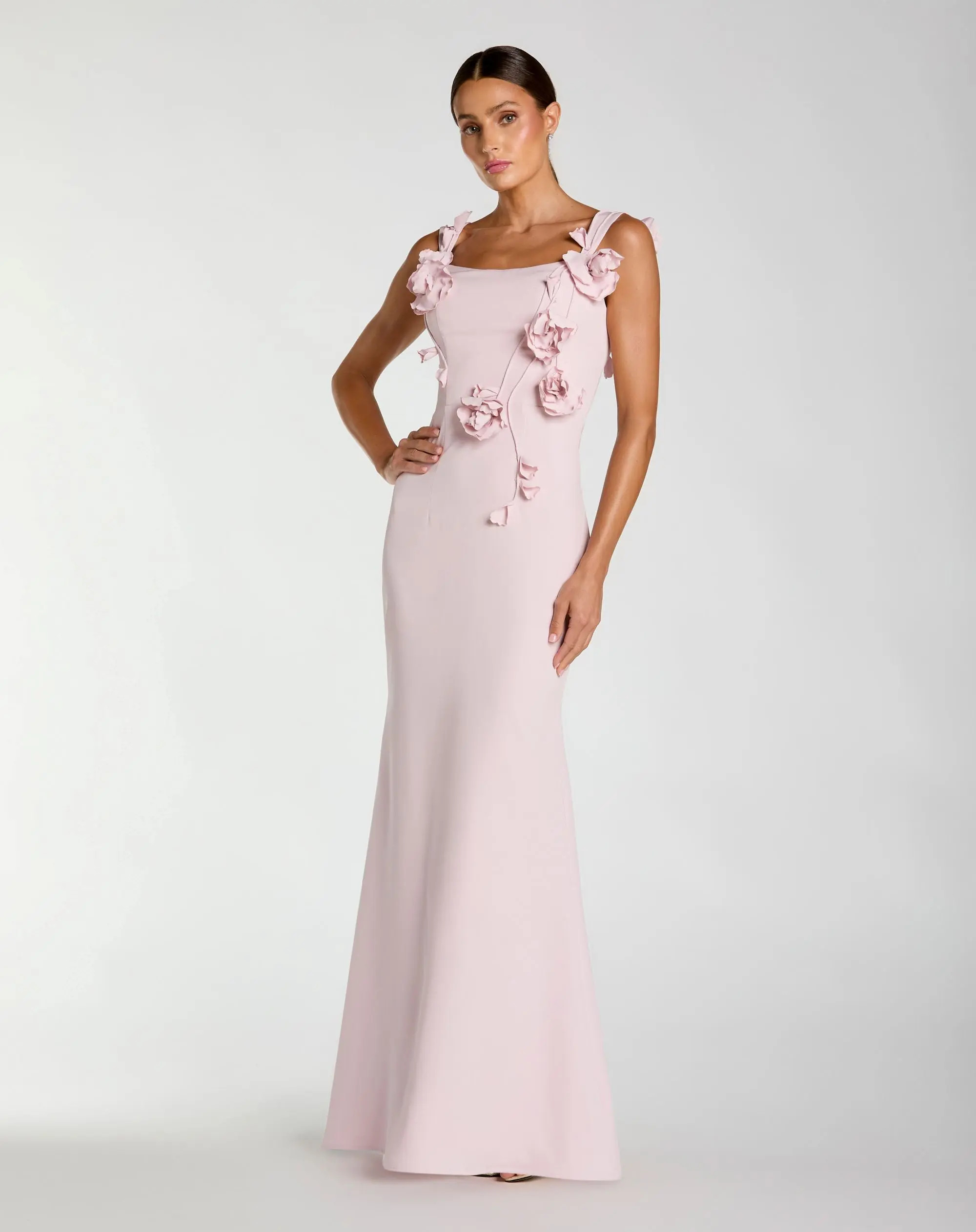 Pink Sleeveless Crepe Column Gown With Floral Detail | Mac Duggal | Mac Duggal
