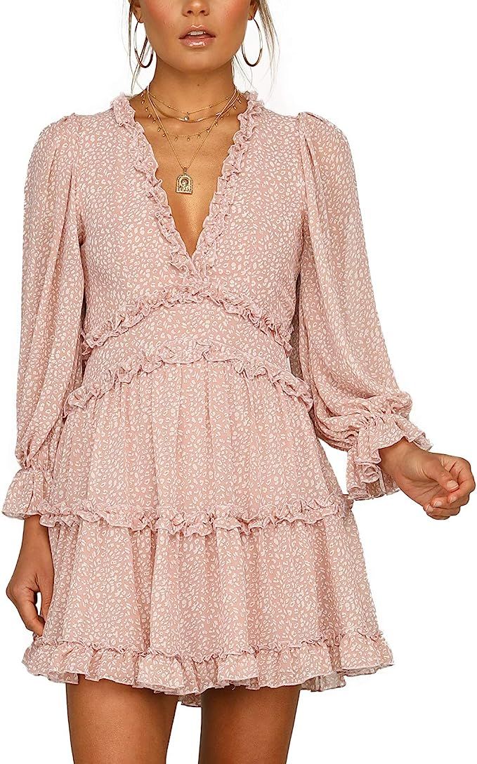 T1FE 1SFE Womens Long-Sleeve Boho Floral Print Ruffle Dress Deep V Neck Backless Swing Mini Dress... | Amazon (US)