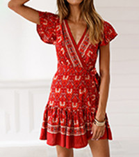 ZESICA Women's 2023 Summer Wrap V Neck Bohemian Floral Print Ruffle Swing A Line Beach Mini Dress | Amazon (US)