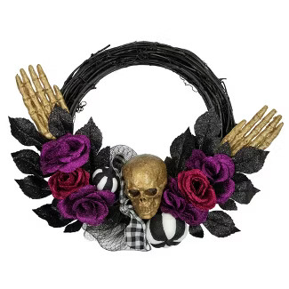 Northlight Skull with Hands and Purple Roses Halloween Twig Wreath, 22-Inch, Unlit | Target