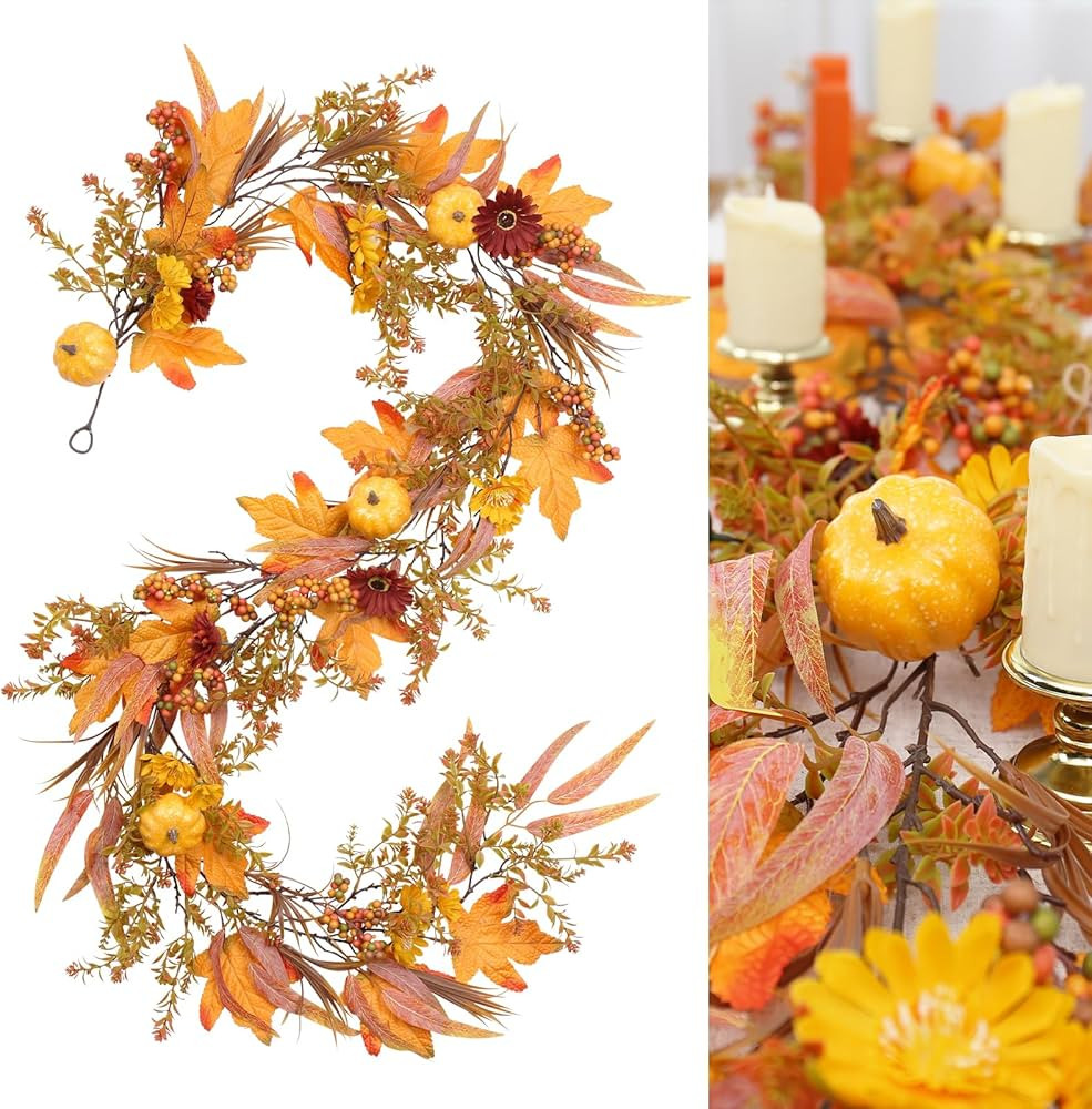 Fall Garland, 6.56FT Fall Artificial Berries Pumpkin Maple Leaf Garland Decor, for Home Autumn Ha... | Amazon (US)
