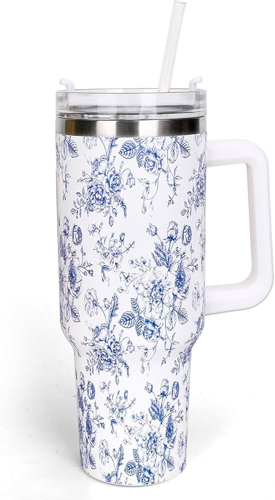 Whaline 40oz Blue Flower Tumbler with Handle Straw and Lid Spring Travel Tumbler Chinoiserie Flor... | Amazon (US)