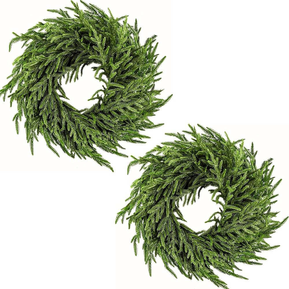2 Pack 24" Norfolk Pine Wreath for Front Door, Artificial Christmas Wreath Faux Pine Green Wreath... | Amazon (US)